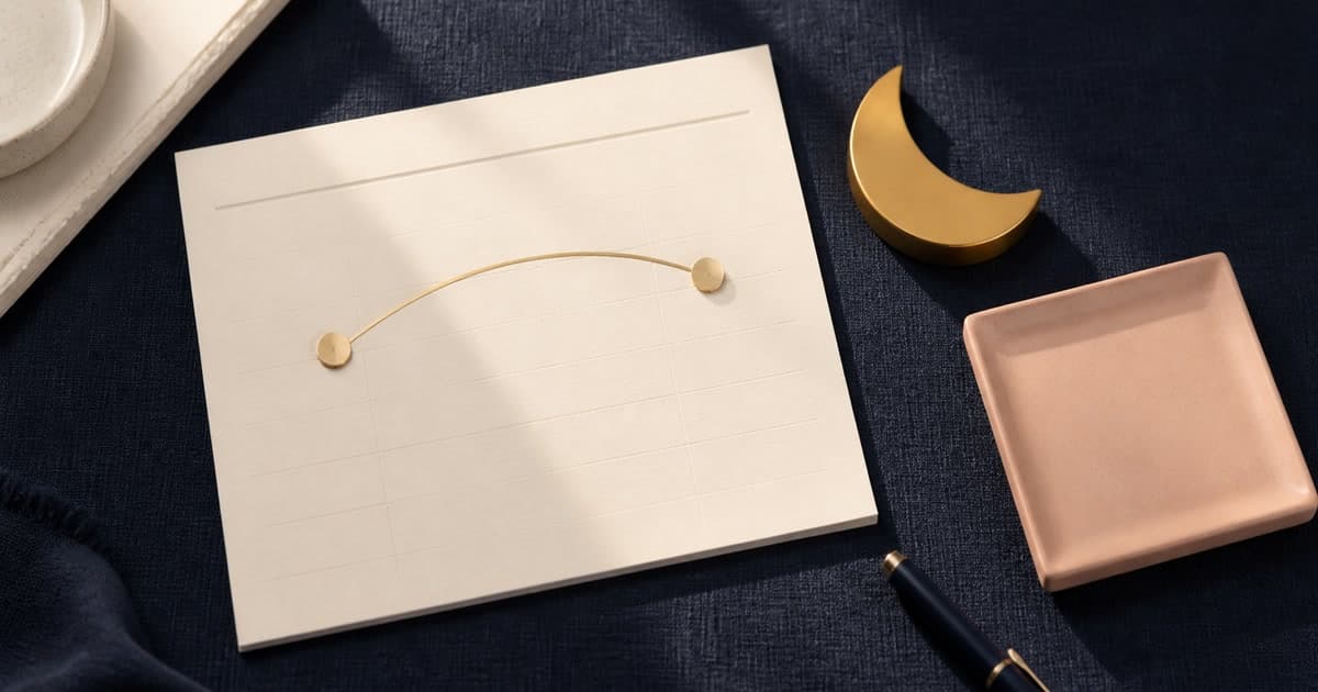 A cream calendar card with two date markers, a small gold crescent, and a blush note arranged on deep indigo linen.