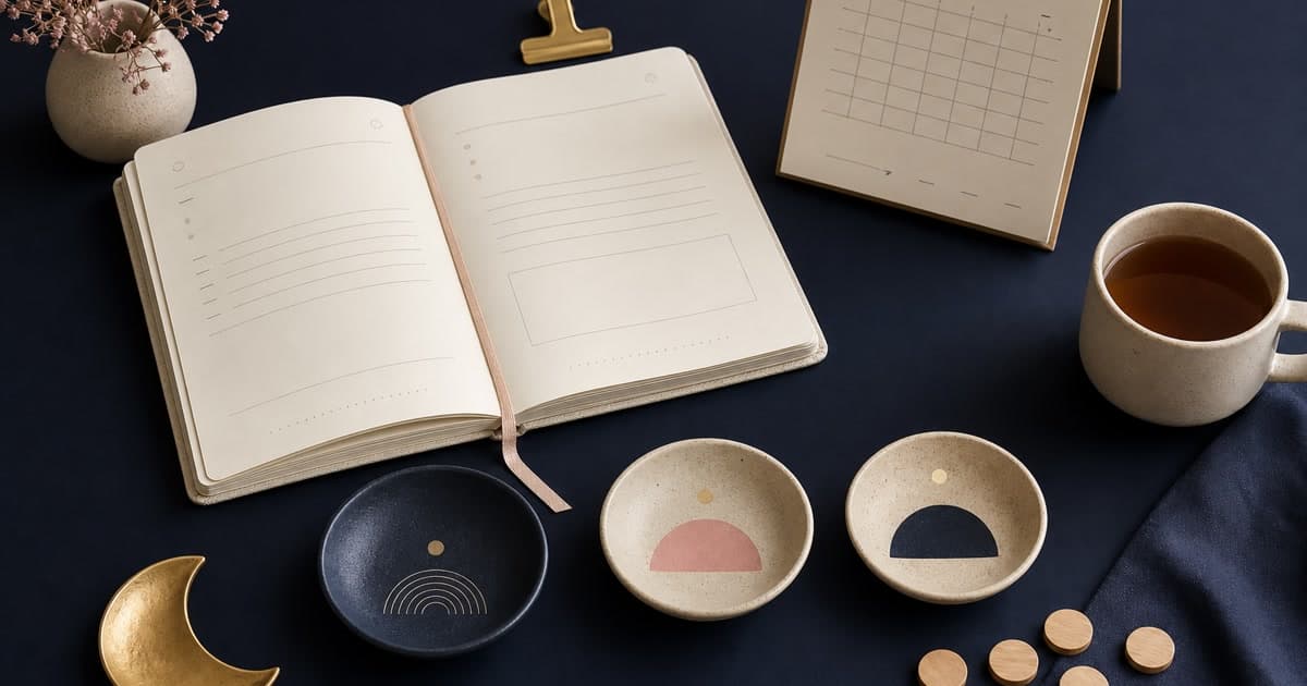 An indigo tabletop with an open cream planner, three small ceramic sorting dishes, a gold crescent dish, and tea arranged for a calm money check-in.