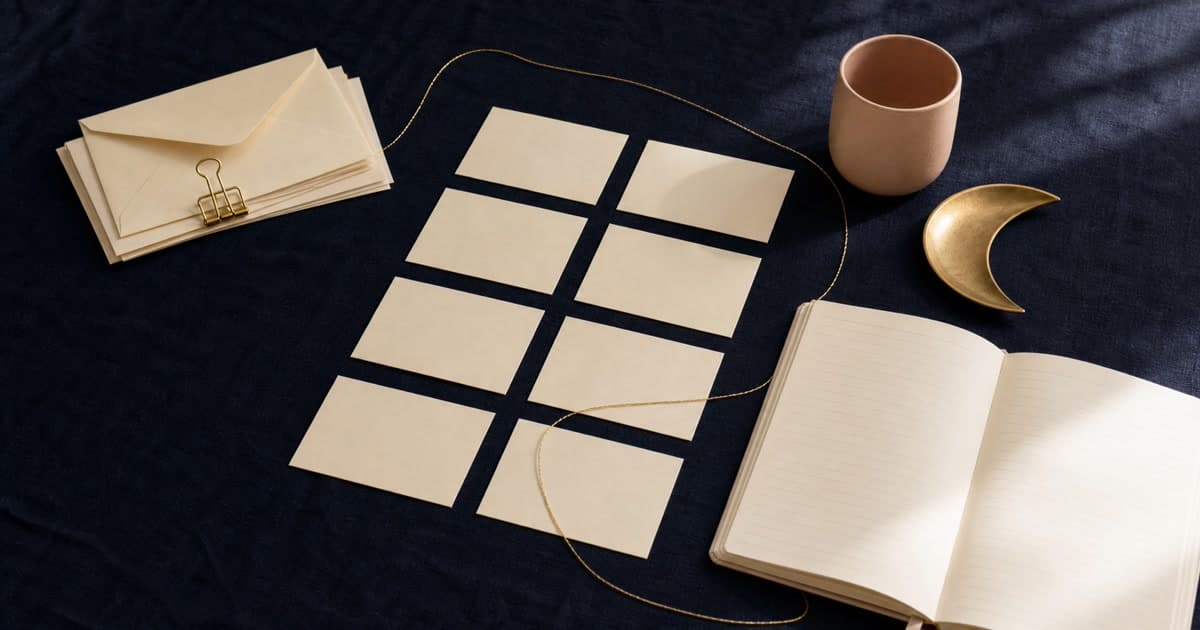 Cream envelopes and blank cards arranged in a simple monthly grid on indigo fabric beside a blush cup, gold crescent dish, and open notebook.
