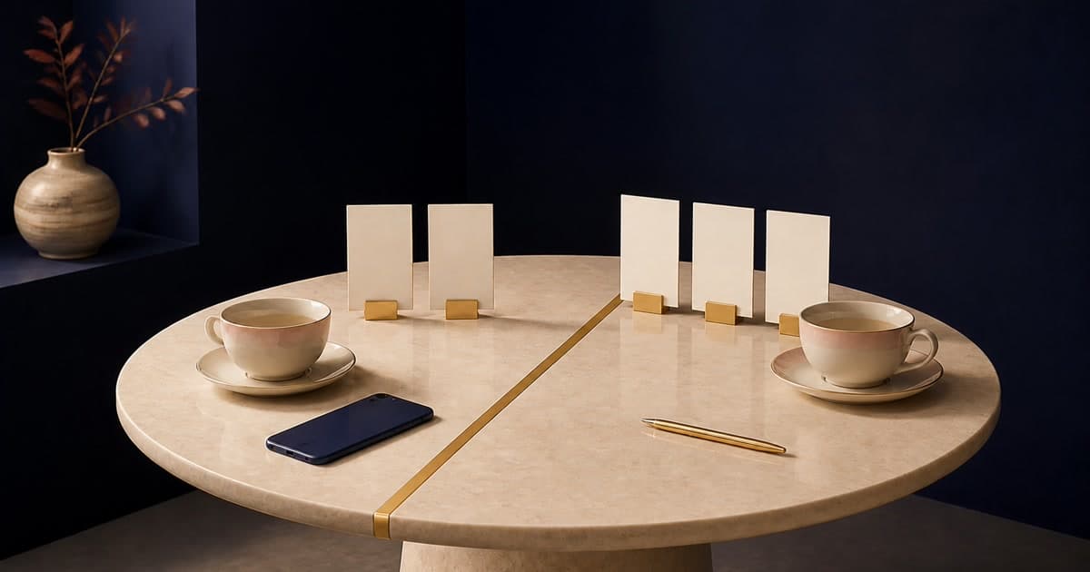Five blank cream message cards stand between two teacups on a round stone table, separated by a gold line with an indigo phone and gold pen nearby.