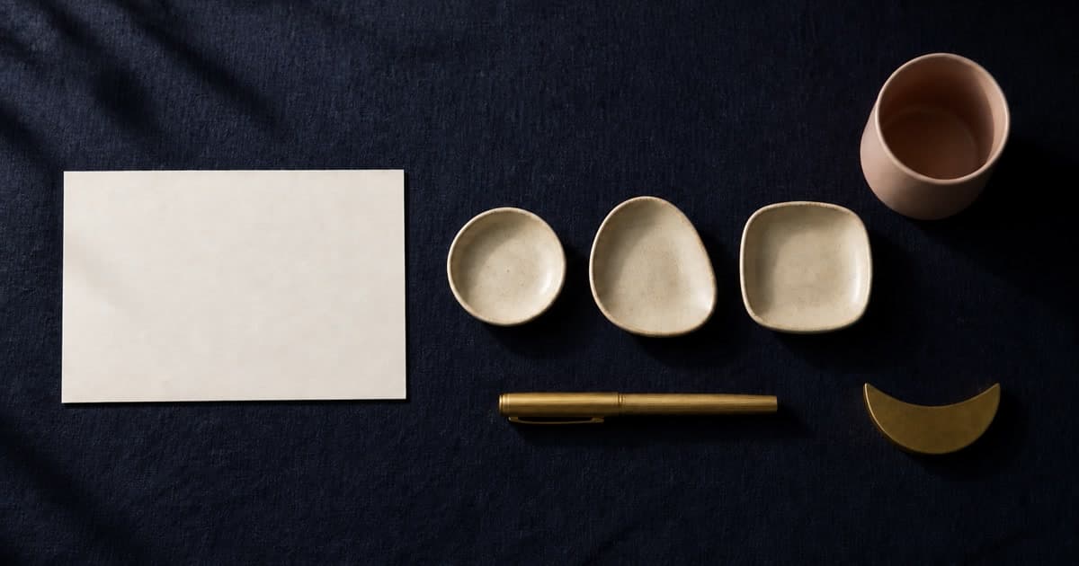 A blank cream planning card, three small ceramic sorting dishes, a gold pen, blush cup, and crescent paperweight arranged on indigo linen for a calm payday ritual.