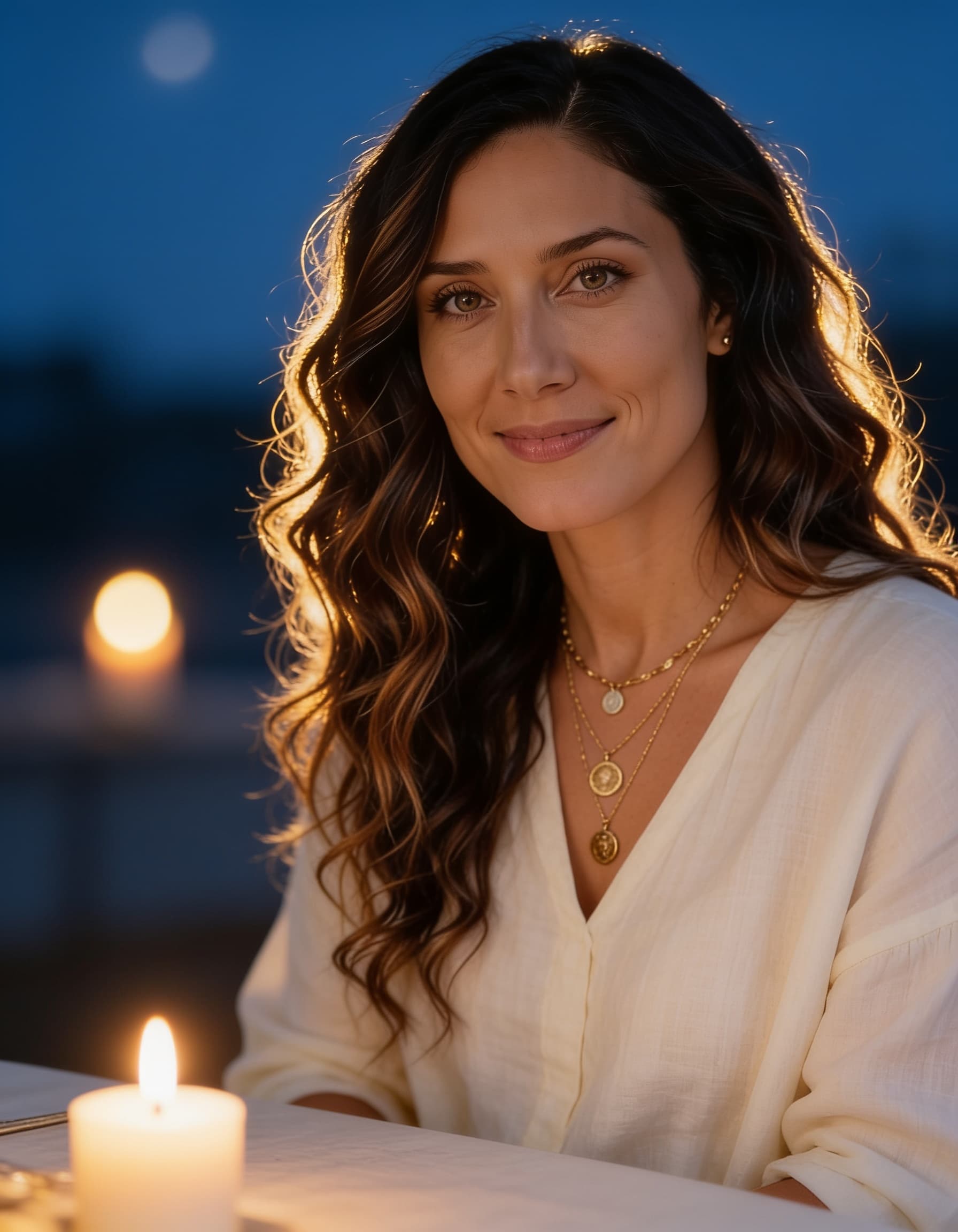Ren, founder of New Moon Money, in warm candlelight.
